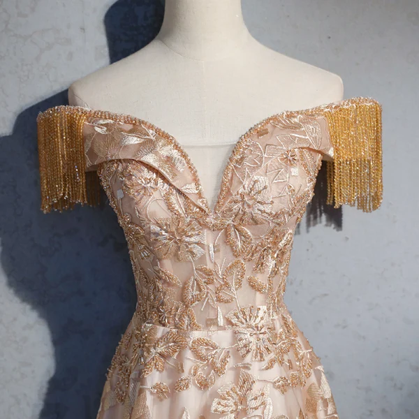Élégant Champagne Robe De Soirée 2019 Princesse De l'épaule Perlage Gland Manches Courtes En Dentelle Fleur Cristal Dos Nu Longue Robe De Ceremonie