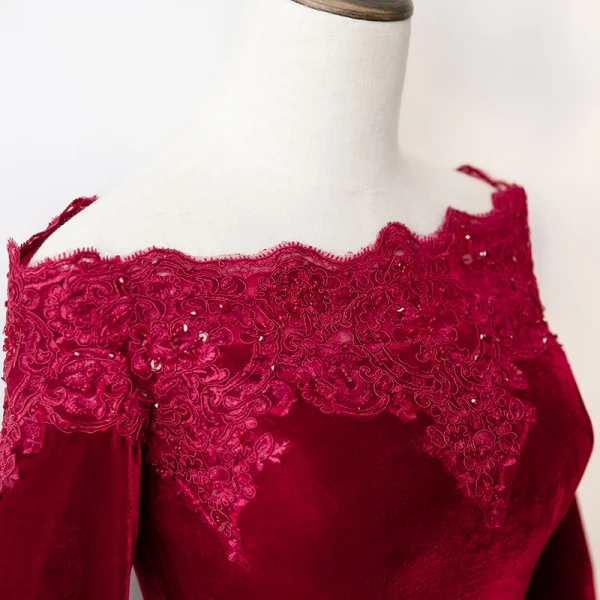 Elegante Bordeaux Avondjurken 2019 Trompet / Zeemeermin Kant Bloem Vierkante Halslijn Kralen Kristal Pailletten Suede Lange Mouwen Lange Gelegenheid Jurken