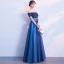 Élégant Bleu Marine Robe De Bal 2018 Princesse Appliques Noeud Perlage Cristal De l'épaule Dos Nu Sans Manches Longue Robe De Ceremonie
