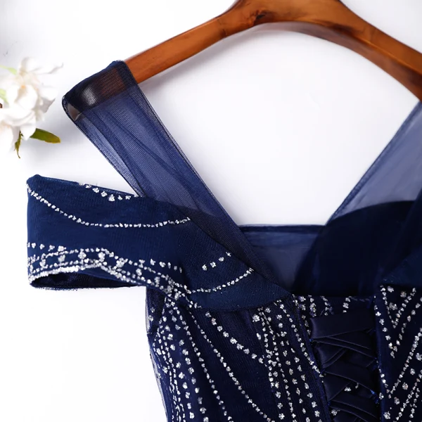 Charming Glitter Navy Blue Evening Dresses 2019 A-Line / Princess Scoop Neck Short Sleeve Backless Floor-Length / Long Formal Dresses