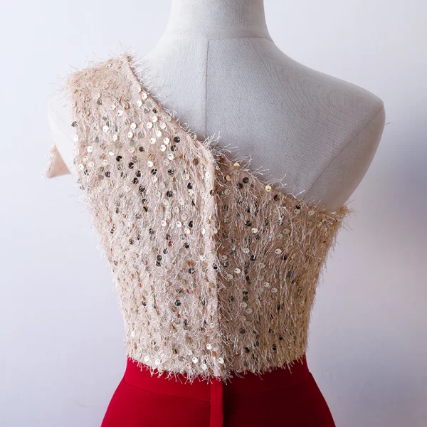 Elegante Burgunderrot Ballkleider 2019 A Linie One-Shoulder Rückenfreies Pailletten Quaste Ärmellos Sweep / Pinsel Zug Festliche Kleider
