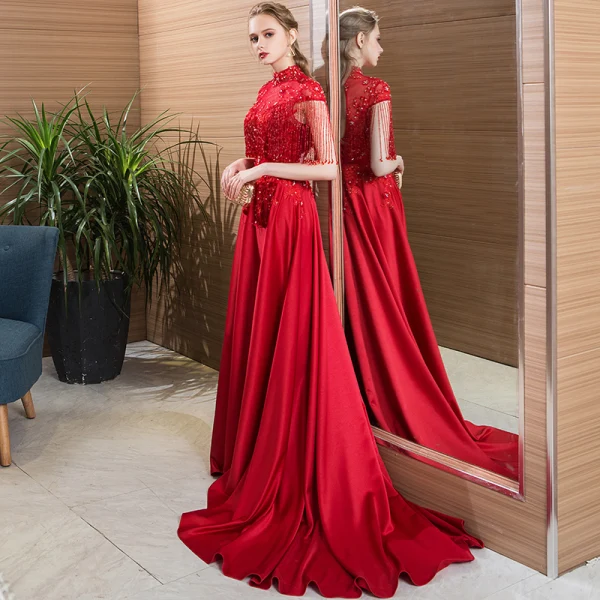 Classic Burgundy Evening Dresses 2019 A-Line / Princess High Neck Beading Crystal Tassel Short Sleeve Backless Lace Flower Court Train Formal Dresses