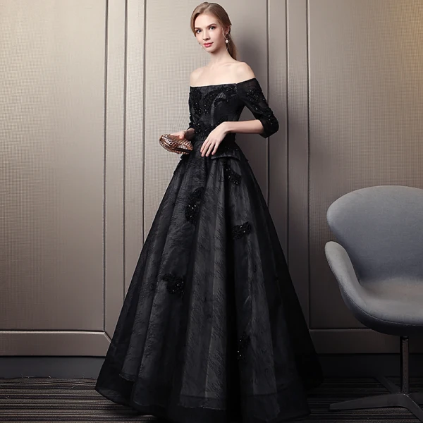 Elegante Schwarz Abendkleider 2019 A Linie Off Shoulder Perlenstickerei Spitze Blumen Kristall 3/4 Ärmel Rückenfreies Lange Festliche Kleider