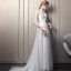 Elegant Grey Evening Dresses  2019 A-Line / Princess Scoop Neck Beading Crystal Lace Flower Sequins 1/2 Sleeves Backless Court Train Formal Dresses
