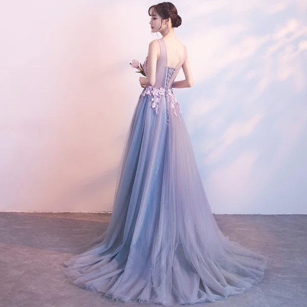 Chic / Belle Robe De Soirée 2018 Princesse Appliques V-Cou Dos Nu Sans Manches Train De Balayage Robe De Ceremonie