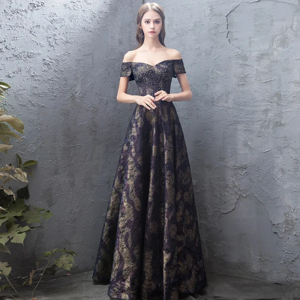 Elegant Navy Blue Prom Dresses 2019 A-Line / Princess Off-The-Shoulder Lace Rhinestone Short Sleeve Backless Floor-Length / Long Formal Dresses