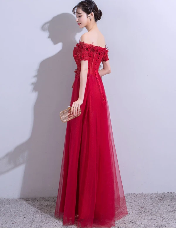 Chic / Beautiful Burgundy Evening Dresses  2019 A-Line / Princess Off-The-Shoulder Appliques Lace Flower Crystal Short Sleeve Backless Floor-Length / Long Formal Dresses