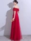 Chic / Beautiful Burgundy Evening Dresses  2019 A-Line / Princess Off-The-Shoulder Appliques Lace Flower Crystal Short Sleeve Backless Floor-Length / Long Formal Dresses