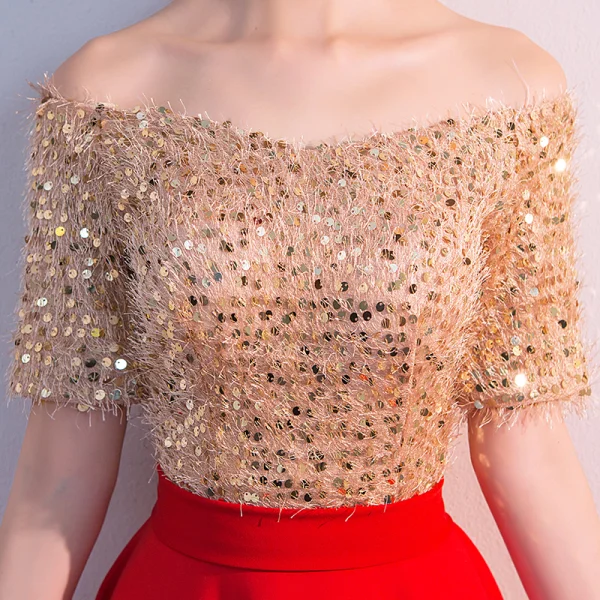 Elegante Rot Abendkleider 2019 A Linie Off Shoulder Pailletten Spitze Quaste Kurze Ärmel Rückenfreies Lange Festliche Kleider