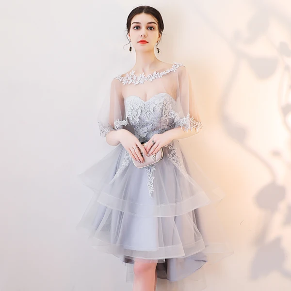 Chic / Belle Gris Robe De Cocktail 2019 Princesse Encolure Dégagée En Dentelle Appliques 1/2 Manches Dos Nu Asymétrique Robe De Ceremonie