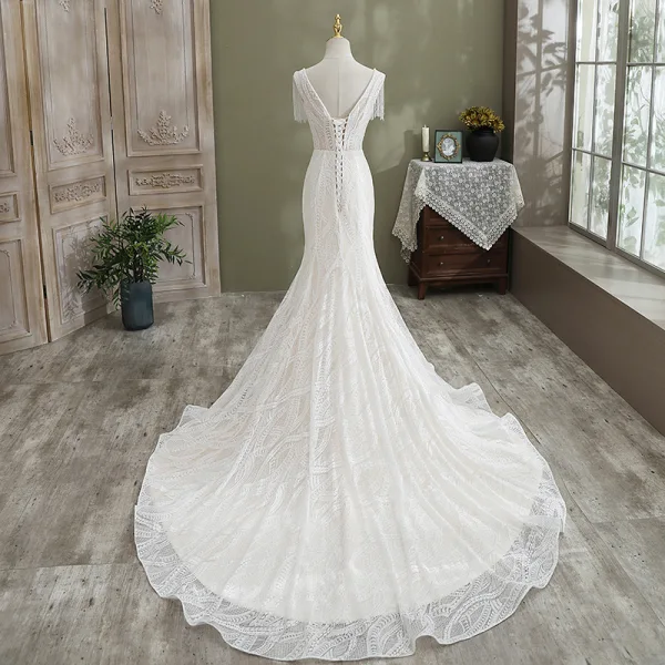 Charmant Blanche Trompette / Sirène Robe De Mariée 2021 V-Cou Perlage Gland En Dentelle Fleur Sans Manches Dos Nu Cathedral Train Mariage