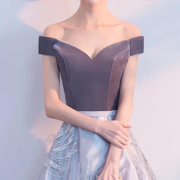 Elegant Grey Prom Dresses 2019 A-Line / Princess Suede Off-The-Shoulder Lace Short Sleeve Backless Floor-Length / Long Formal Dresses