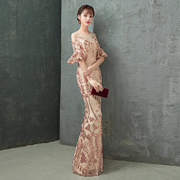 Charming Champagne Evening Dresses Trumpet / Mermaid 2019 Scoop Neck Sequins Rhinestone Bell sleeves Floor-Length / Long Formal Dresses