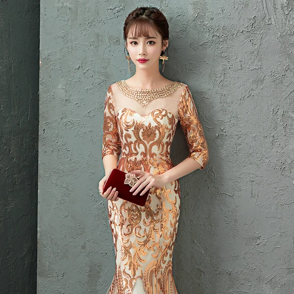 Charming Gold Evening Dresses 2019 Trumpet / Mermaid Scoop Neck Crystal Sequins 1/2 Sleeves Backless Floor-Length / Long Formal Dresses