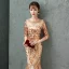 Charming Gold Evening Dresses  2019 Trumpet / Mermaid Scoop Neck Crystal Sequins 1/2 Sleeves Backless Floor-Length / Long Formal Dresses