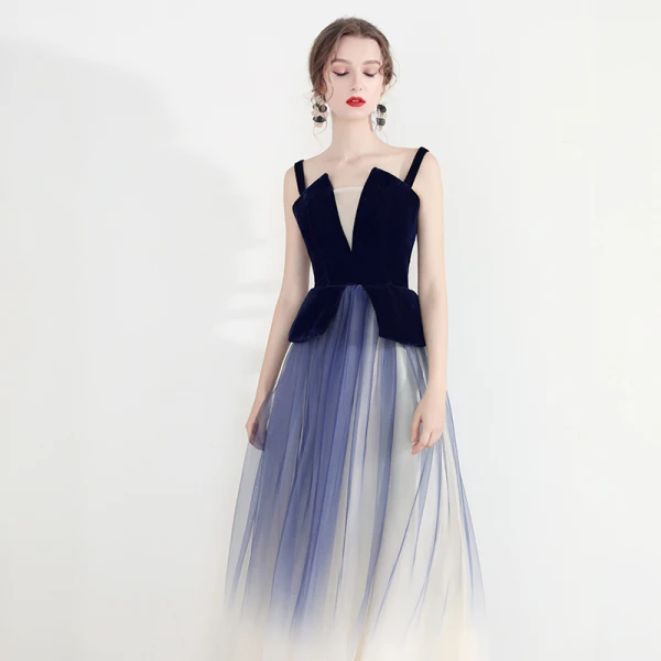 Chic / Belle Bleu Marine Dégradé De Couleur Robe De Soirée 2019 Princesse Bretelles Spaghetti Sans Manches Dos Nu Longue Robe De Ceremonie