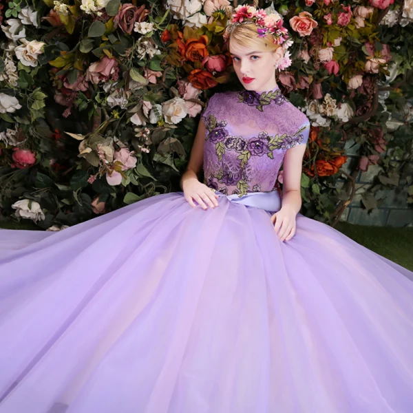 Affordable Lilac Prom Dresses 2019 Ball Gown High Neck Crystal Lace Flower Short Sleeve Backless Floor-Length / Long Formal Dresses