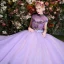 Affordable Lilac Prom Dresses 2019 Ball Gown High Neck Crystal Lace Flower Short Sleeve Backless Floor-Length / Long Formal Dresses