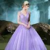 Chic / Beautiful Lilac Prom Dresses 2019 A-Line / Princess V-Neck Beading Appliques Lace Sleeveless Backless Floor-Length / Long Formal Dresses