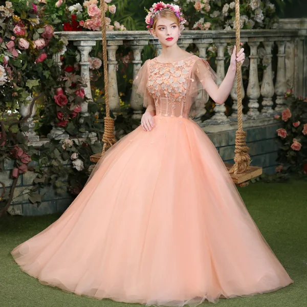 Affordable Pearl Pink Prom Dresses 2019 Ball Gown Scoop Neck Lace Appliques Pearl Short Sleeve Backless Floor-Length / Long Formal Dresses