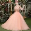 Affordable Pearl Pink Prom Dresses 2019 Ball Gown Scoop Neck Lace Appliques Pearl Short Sleeve Backless Floor-Length / Long Formal Dresses
