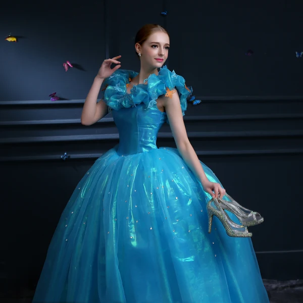 Affordable Cinderella Pool Blue Prom Dresses 2019 Ball Gown Glitter Tulle Scoop Neck Butterfly Appliques Sleeveless Backless Floor-Length / Long Formal Dresses
