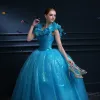 Affordable Cinderella Pool Blue Prom Dresses 2019 Ball Gown Glitter Tulle Scoop Neck Butterfly Appliques Sleeveless Backless Floor-Length / Long Formal Dresses
