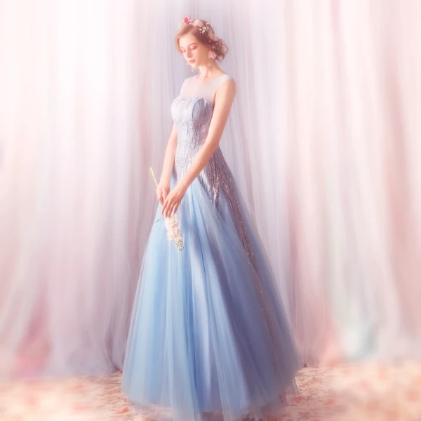 Elegant Sky Blue Prom Dresses 2019 A-Line / Princess Scoop Neck Glitter Sequins Tulle Sleeveless Backless Floor-Length / Long Formal Dresses