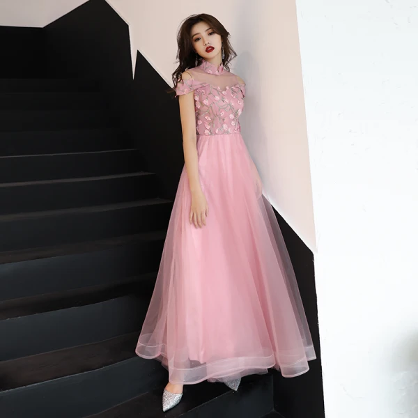 Chinese style Blushing Pink Prom Dresses 2019 A-Line / Princess High Neck Lace Flower Short Sleeve Backless Floor-Length / Long Formal Dresses
