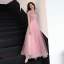 Chinese style Blushing Pink Prom Dresses 2019 A-Line / Princess High Neck Lace Flower Short Sleeve Backless Floor-Length / Long Formal Dresses