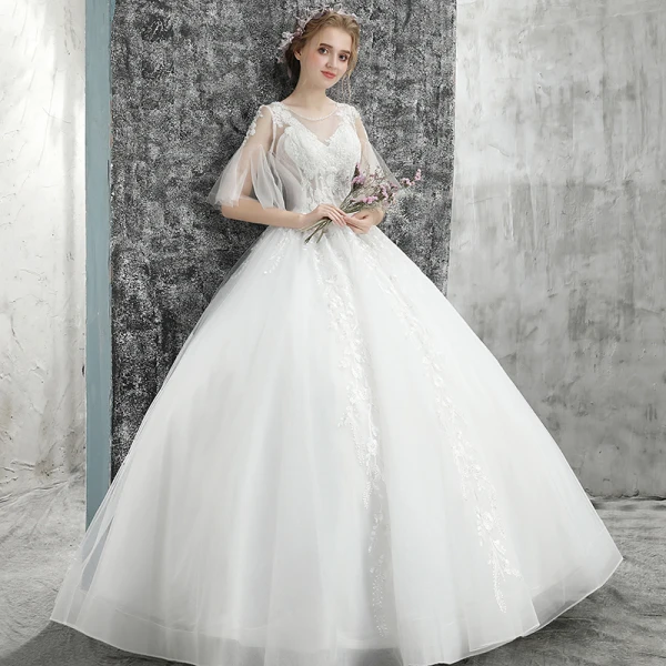 Elegante Weiß Brautkleider / Hochzeitskleider 2019 Ballkleid Rundhalsausschnitt Perlenstickerei Kristall Pailletten Blumen Spitze 1/2 Ärmel Rückenfreies Lange