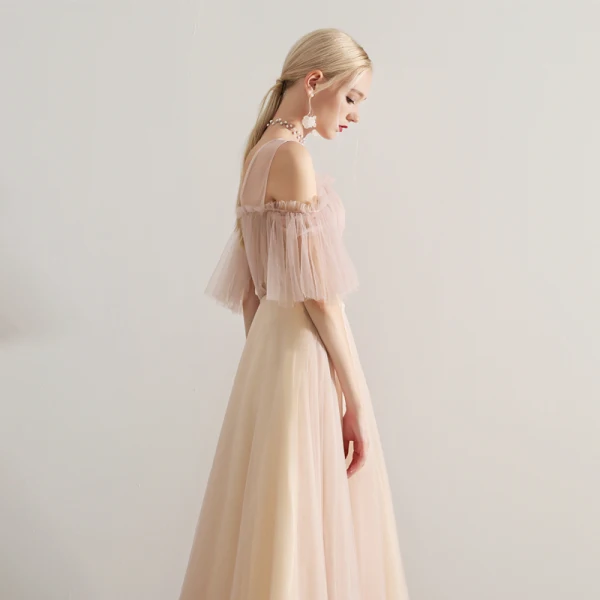 Elegant Champagne Prom Dresses 2019 A-Line / Princess Scoop Neck Beading Lace Appliques Ruffle Short Sleeve Backless Floor-Length / Long Formal Dresses