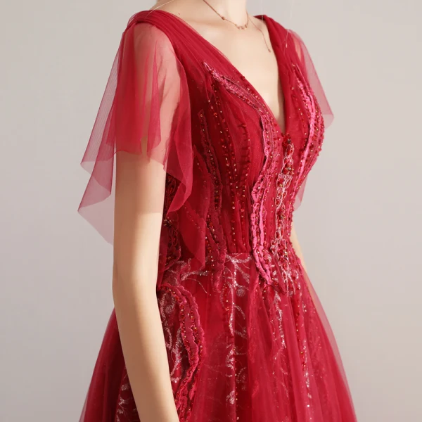 Chic / Beautiful Burgundy Evening Dresses  2019 A-Line / Princess V-Neck Lace Appliques Beading Crystal Short Sleeve Backless Floor-Length / Long Formal Dresses