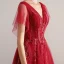 Chic / Beautiful Burgundy Evening Dresses  2019 A-Line / Princess V-Neck Lace Appliques Beading Crystal Short Sleeve Backless Floor-Length / Long Formal Dresses