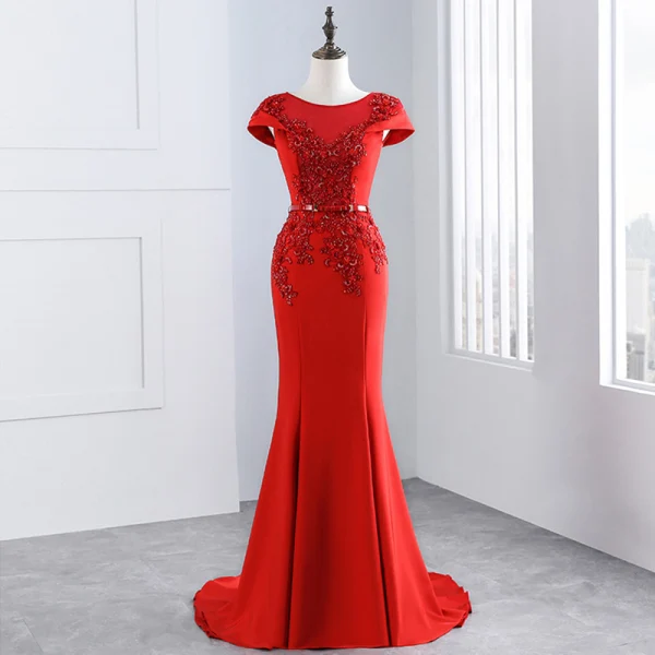 Schöne Rot Abendkleider 2018 Mermaid Perlenstickerei Pailletten Schleife Mit Spitze Blumen Rundhalsausschnitt Ärmel Sweep / Pinsel Zug Festliche Kleider