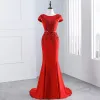 Chic / Beautiful Red Evening Dresses  2018 Trumpet / Mermaid Beading Sequins Bow Lace Flower Scoop Neck Cap Sleeves Sweep Train Formal Dresses