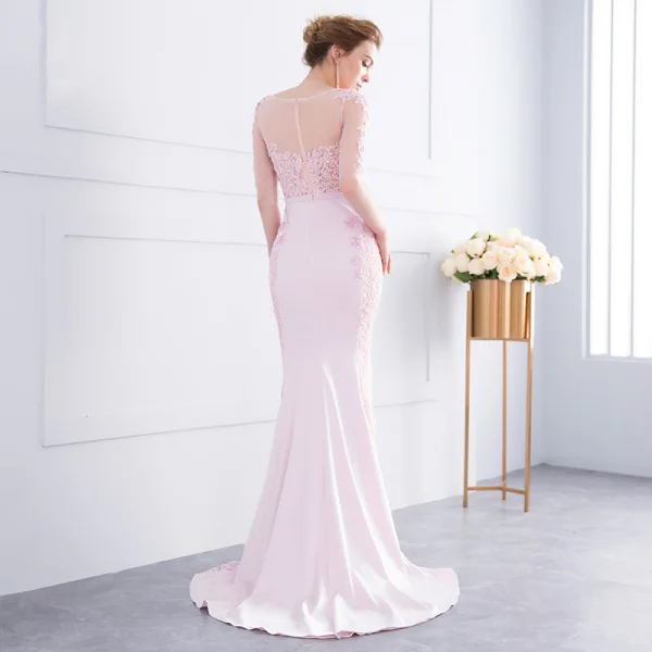 Chic / Belle Rose Bonbon Robe De Soirée 2018 Trompette / Sirène Dentelle Fleur Perlage Noeud Encolure Dégagée 1/2 Manches Dos Nu Train De Balayage Robe De Ceremonie