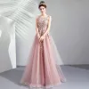 Chic / Beautiful Pearl Pink Prom Dresses 2019 A-Line / Princess Scoop Neck Embroidered Pearl Rhinestone Sleeveless Backless Floor-Length / Long Formal Dresses