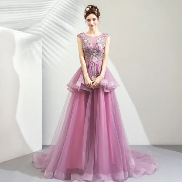 Chic / Beautiful Purple Prom Dresses 2019 A-Line / Princess Scoop Neck Appliques Lace Rhinestone Sleeveless Court Train Formal Dresses