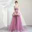 Chic / Beautiful Purple Prom Dresses 2019 A-Line / Princess Scoop Neck Appliques Lace Rhinestone Sleeveless Court Train Formal Dresses