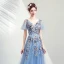 Élégant Bleu Ciel Robe De Bal 2019 Princesse V-Cou Appliques En Dentelle Cristal Paillettes Manches Courtes Dos Nu Longue Robe De Ceremonie