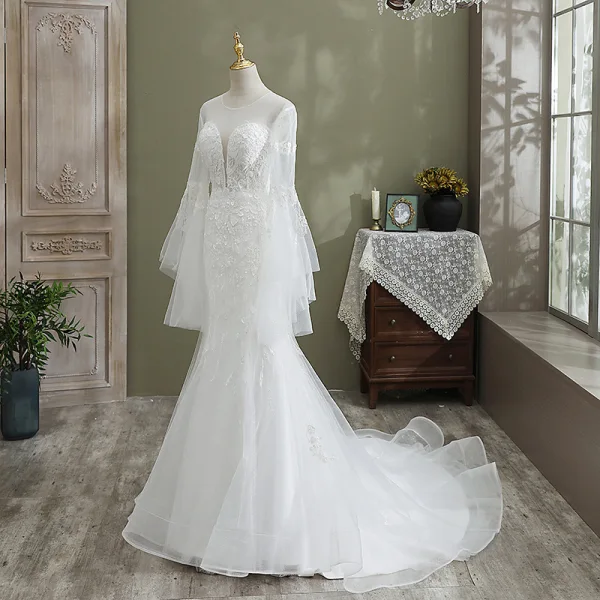 Elegant White Trumpet / Mermaid Wedding Dresses 2021 Scoop Neck Beading Lace Flower Long Sleeve Backless Cathedral Train Wedding