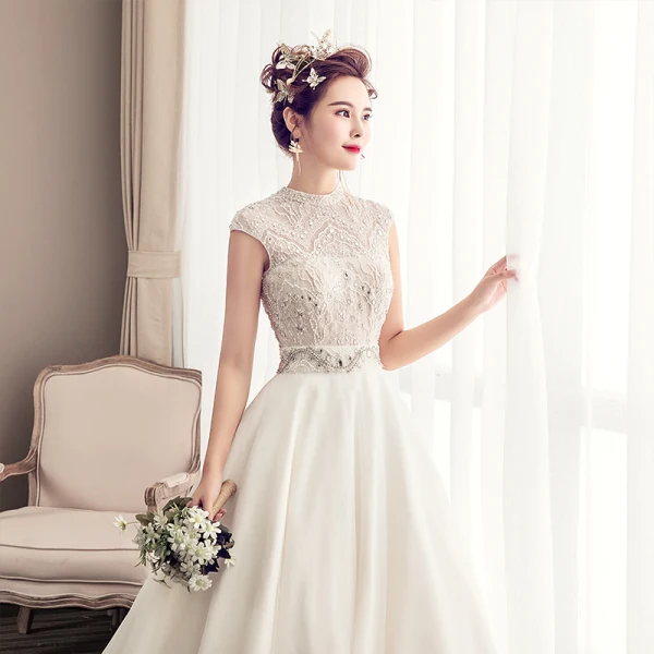 Luxury / Gorgeous Ivory Wedding Dresses 2019 A-Line / Princess High Neck Beading Crystal Lace Flower Pearl Sleeveless Backless Court Train
