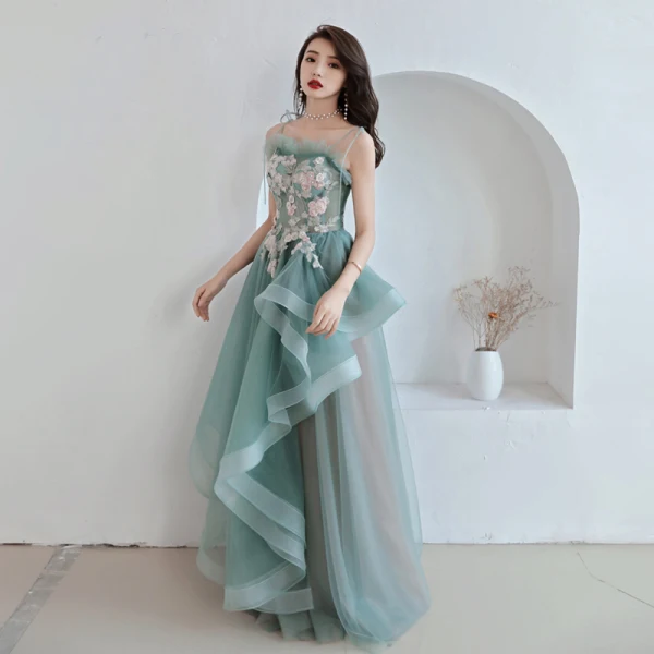 Modern / Fashion Jade Green Prom Dresses 2019 A-Line / Princess Spaghetti Straps Appliques Lace Sleeveless Backless Cascading Ruffles Floor-Length / Long Formal Dresses