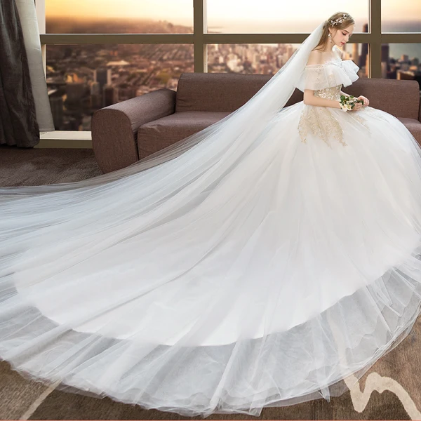 Modern / Fashion Ivory Wedding Dresses 2019 Ball Gown Off-The-Shoulder Lace Flower Short Sleeve Backless Cathedral Train