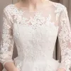 Chic / Beautiful Ivory Wedding Dresses 2019 A-Line / Princess Scoop Neck Lace Flower 3/4 Sleeve Backless Cathedral Train