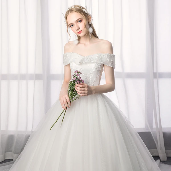 Elegant Ivory Wedding Dresses 2019 A-Line / Princess Off-The-Shoulder Lace Backless Short Sleeve Flower Cathedral Train
