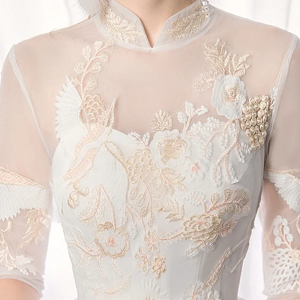 Chinese style Ivory Wedding Dresses 2019 A-Line / Princess High Neck Lace Flower Sequins 1/2 Sleeves Backless Floor-Length / Long