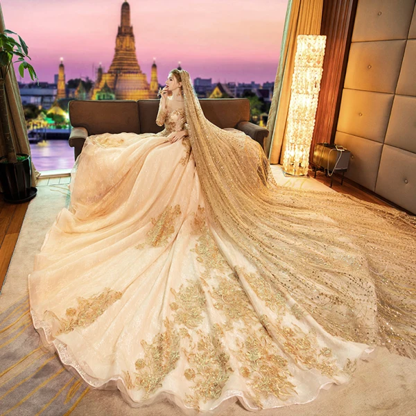 Luxury / Gorgeous Gold 2019 Wedding Dresses A-Line / Princess Scoop Neck Beading Crystal Lace Flower Sequins Long Sleeve Backless Royal Train