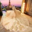 Luxury / Gorgeous Gold 2019 Wedding Dresses A-Line / Princess Scoop Neck Beading Crystal Lace Flower Sequins Long Sleeve Backless Royal Train